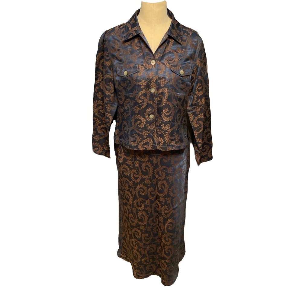 Vintage J.Jill Linen Silk 2 pc Skirt Suit Set Blazer Size 10P Petite Brocade